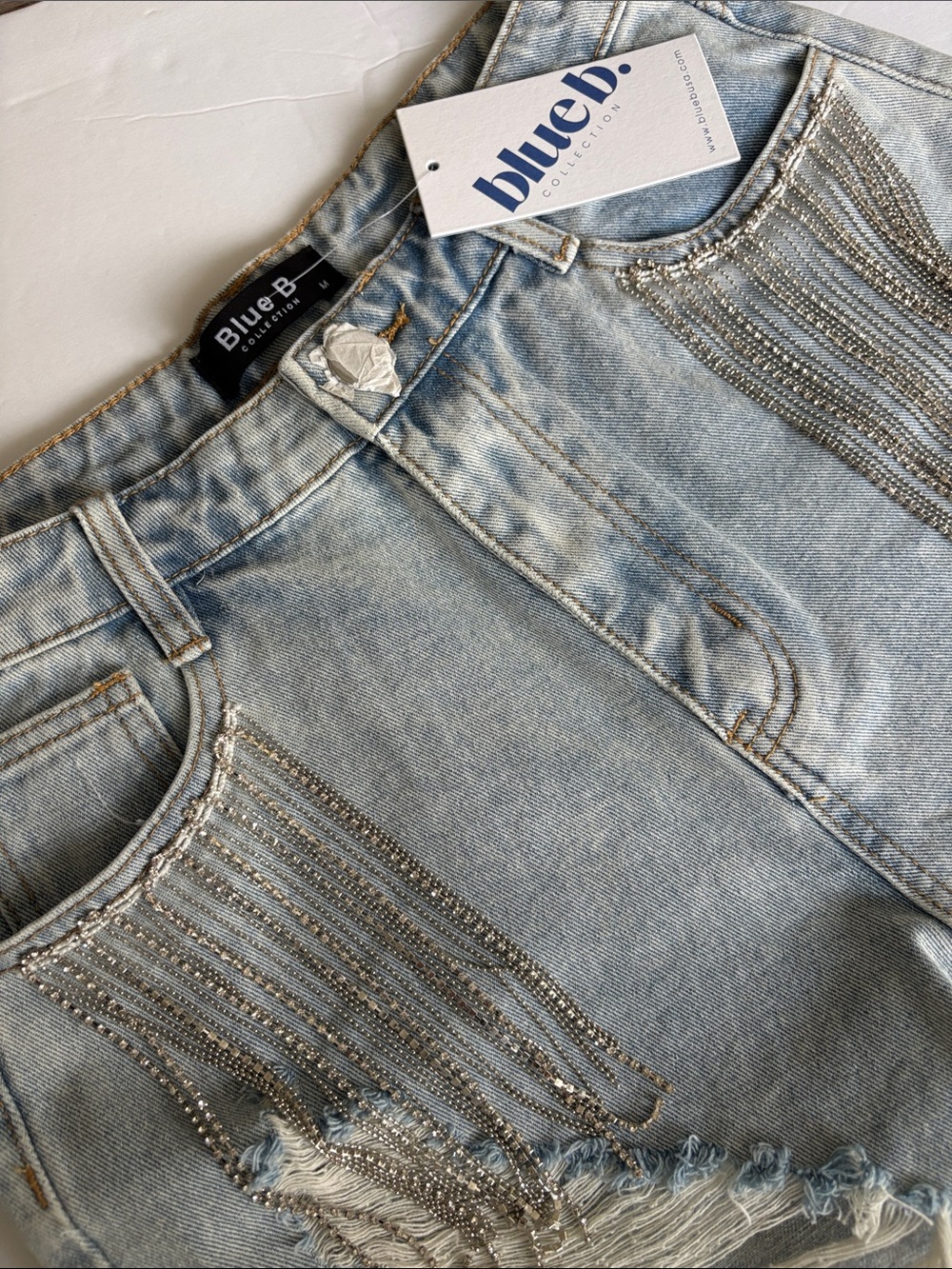 Embellished Light Wash Denim Shorts - Light Blue
